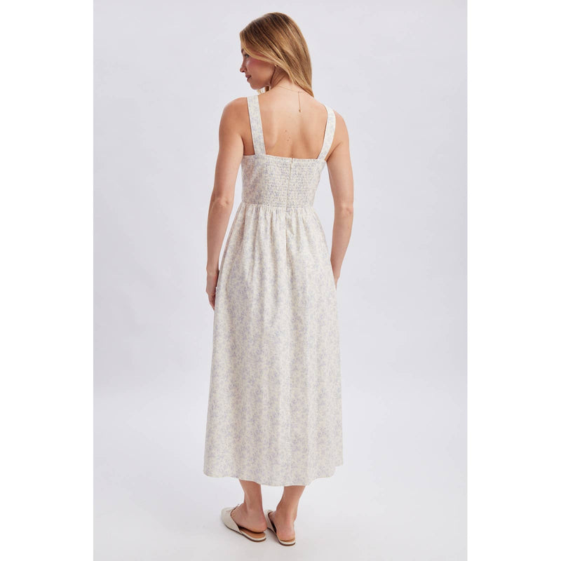 Floral Print Corset Midi Dress - Blue & Cream