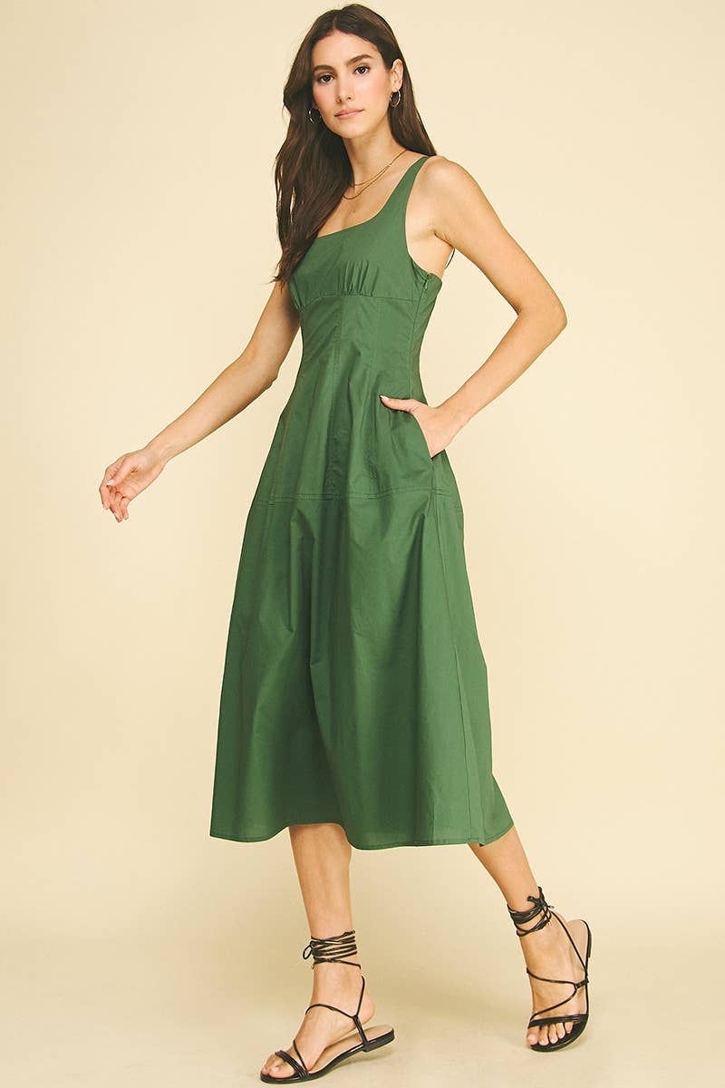 Square Neck A-Line Midi Dress - Green