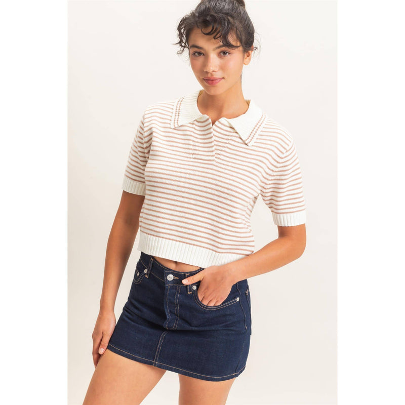 Striped Short-Sleeve Collar Knit Top - Dark Taupe