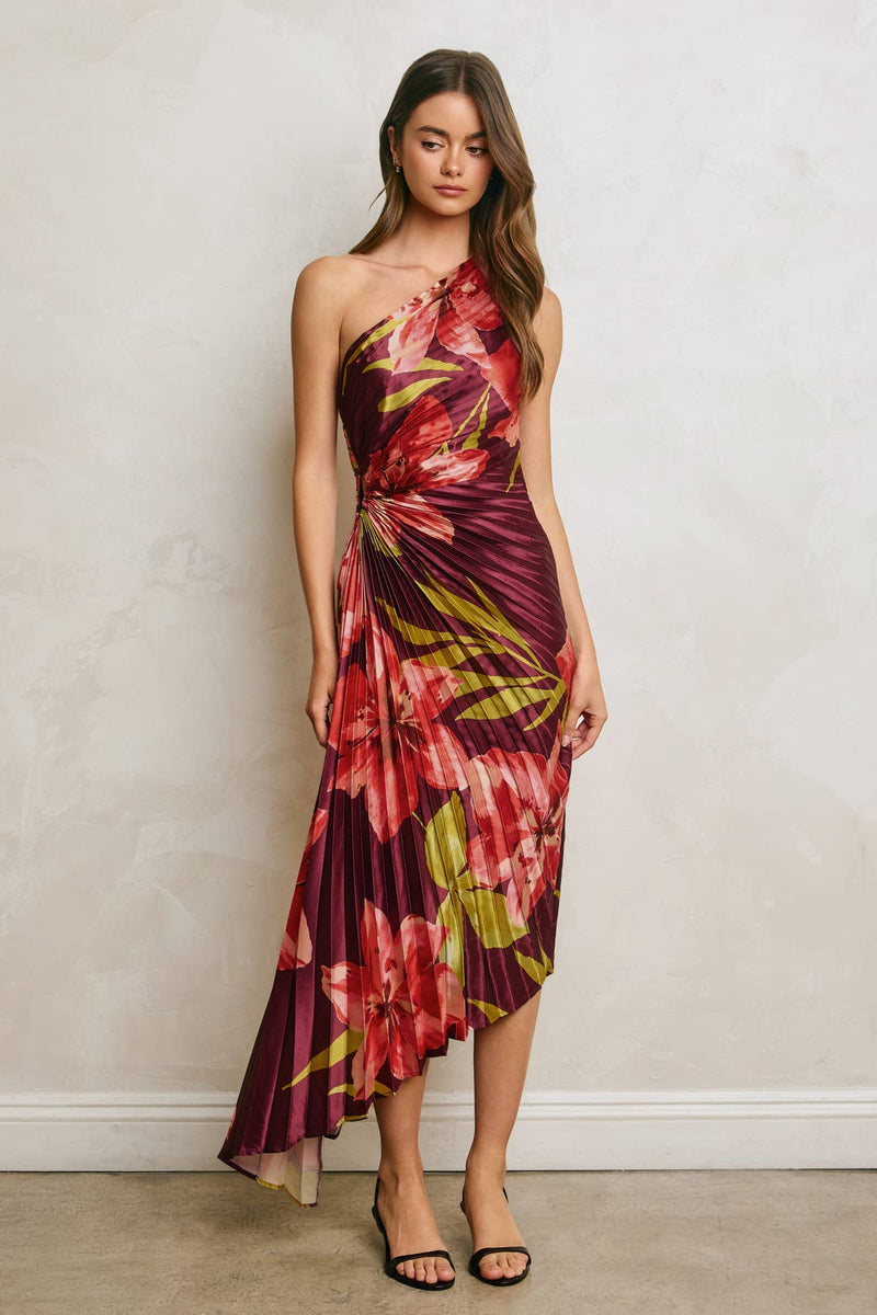 Floral One-Shoulder Asymmetrical Pleated Dress - Hibiscus Plum