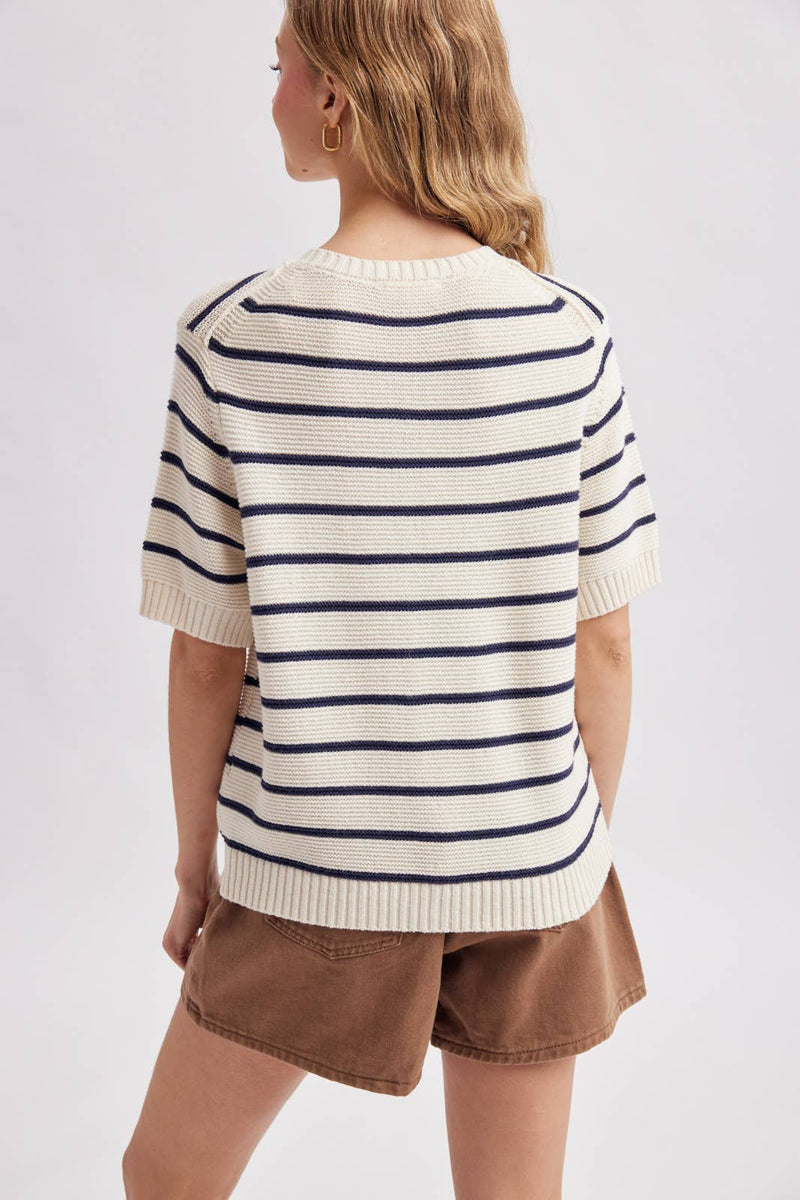 Striped Short-Sleeve Sweater - Navy