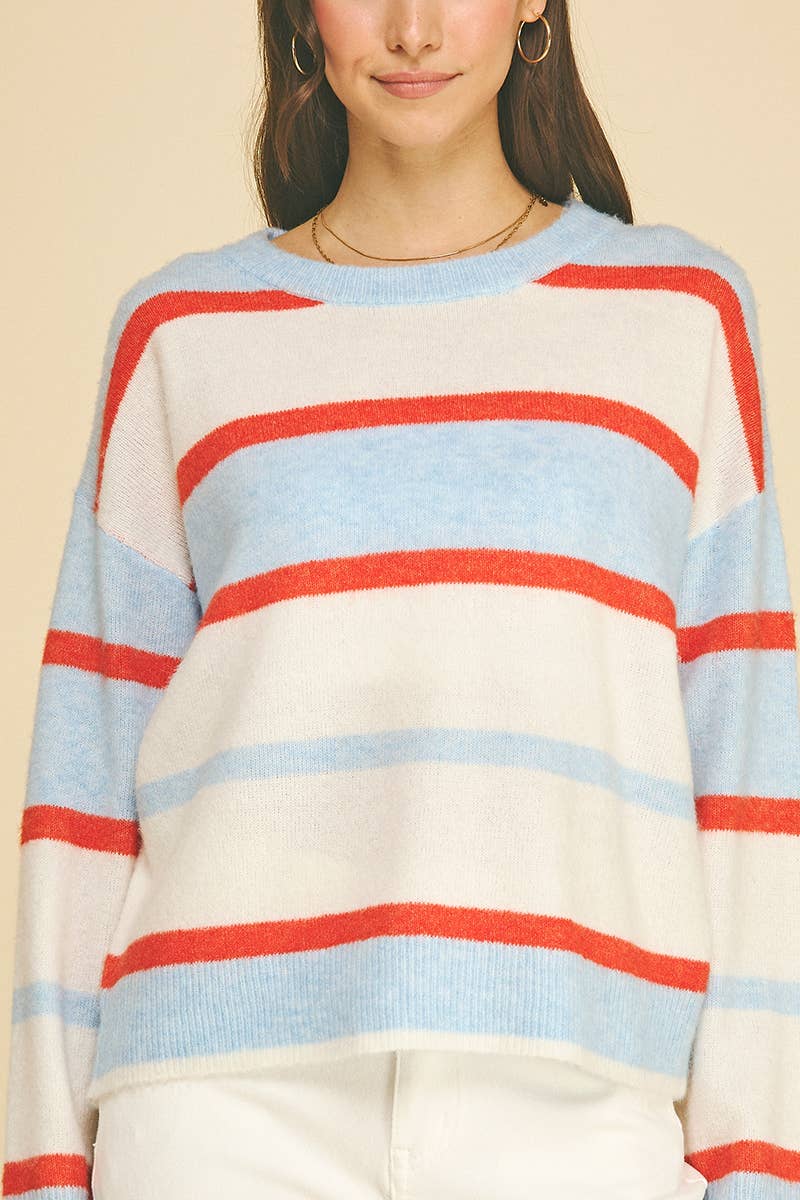 Striped Crew Neck Knit Sweater - Light Blue Multi