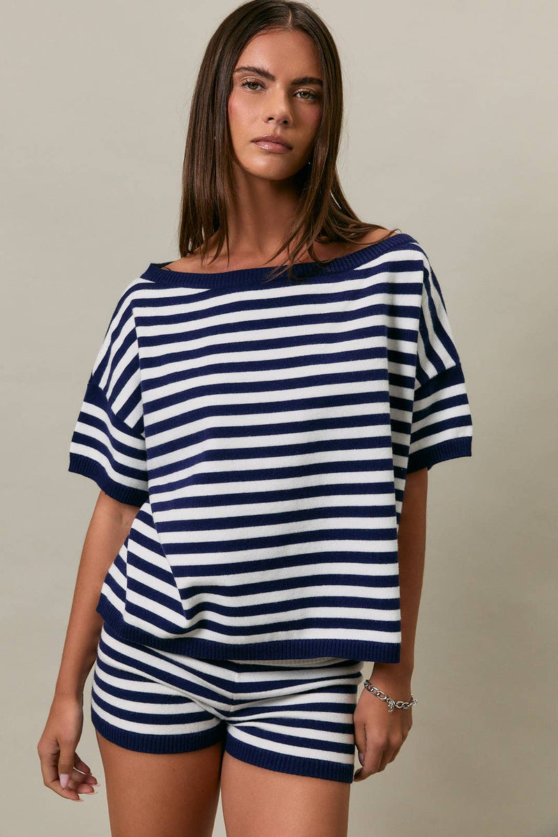 Striped Oversized Short Sleeve Sweater Top - White & Navy