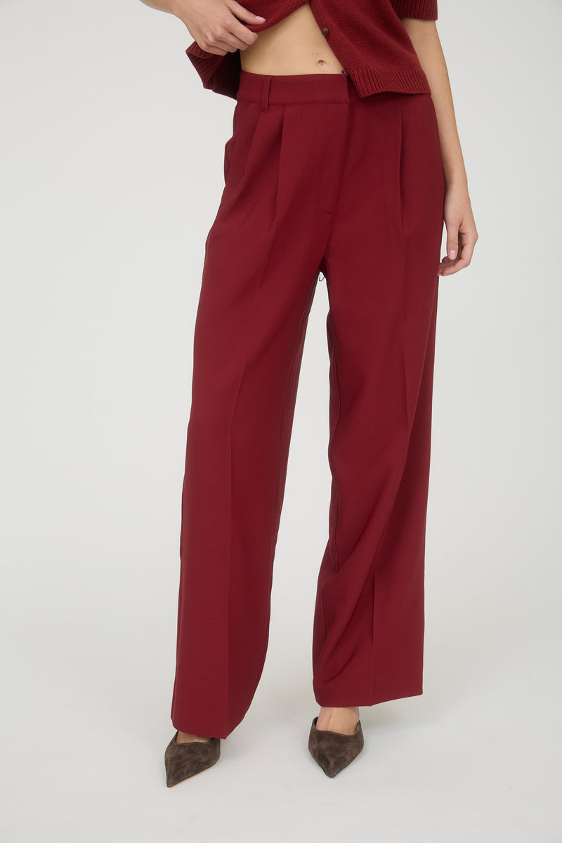High Waist Pleated Wide Leg Dress Pants Burgundy