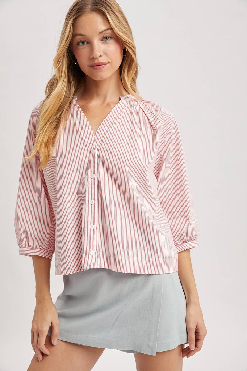 Striped Button Up Blouse - Cherry & Off White