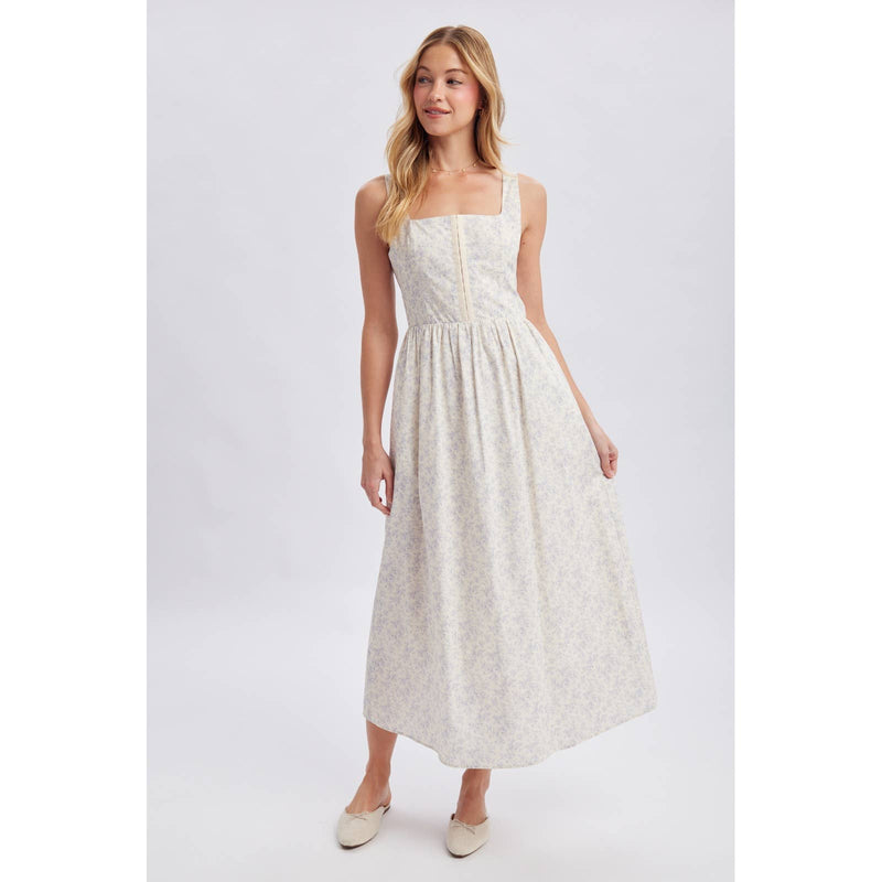 Floral Print Corset Midi Dress - Blue & Cream