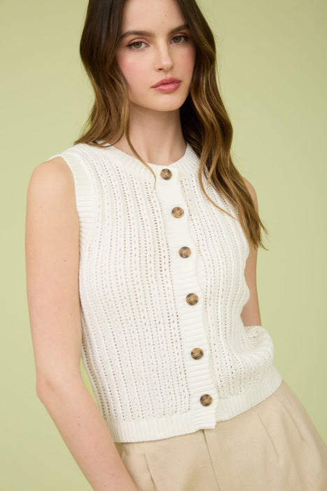 Crew Neck Button Down Vest - White