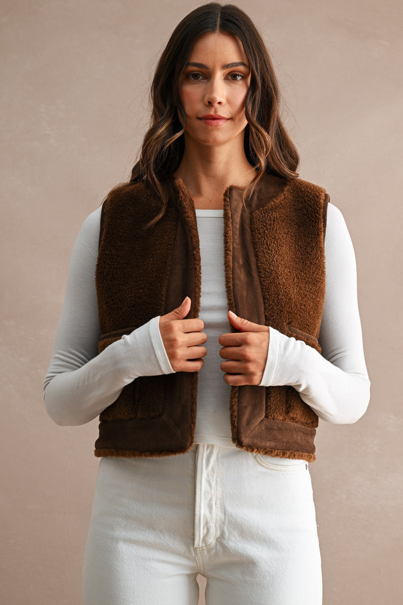 Reversible Vest W/ Sherpa & Suede - Chocolate Brown