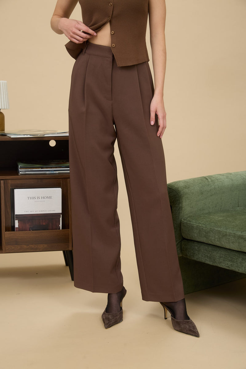 High Waist Pleated Wide Leg Dress Pants - Brown