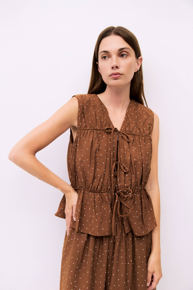 The Melinda Top | Tiered Tie Front Blouse - Brown