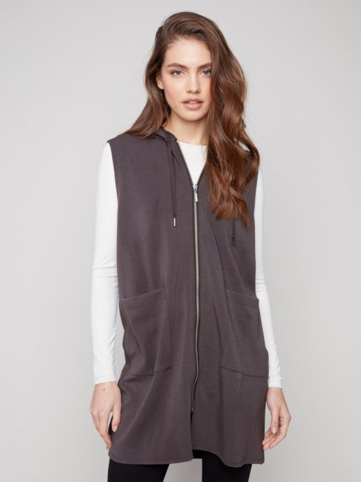 Soft Scuba Zip Front Vest W/ Hood - Mocha
