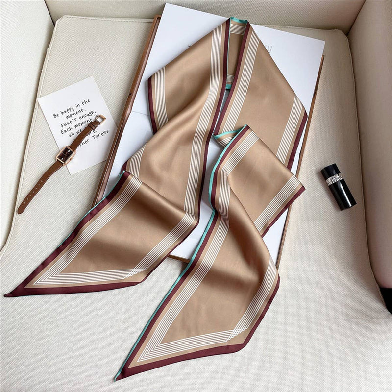 Thin Simple Geometric Long Silk Head Scarf - Dark Coffee