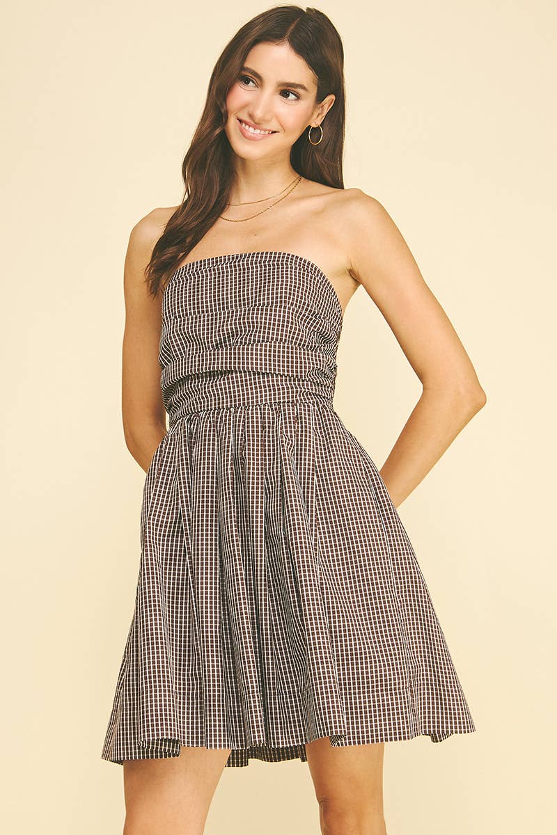 Checkered Pattern Mini Dress - Brown
