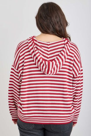 Striped Zip-Up Hoodie - Red & Ivory (Curvy)