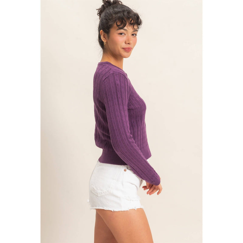 Pointelle Button Up Cardigan - Plum