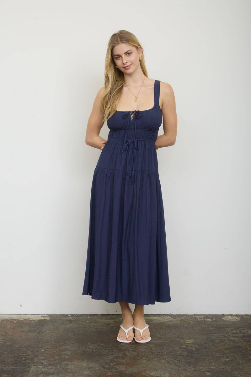 Front Tie Keyhole Midi Dress - Navy