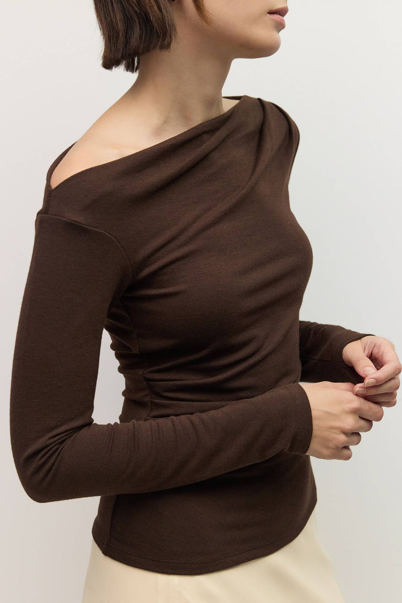 The Stacy Top | Off the Shoulder Long Sleeve Top - Brown