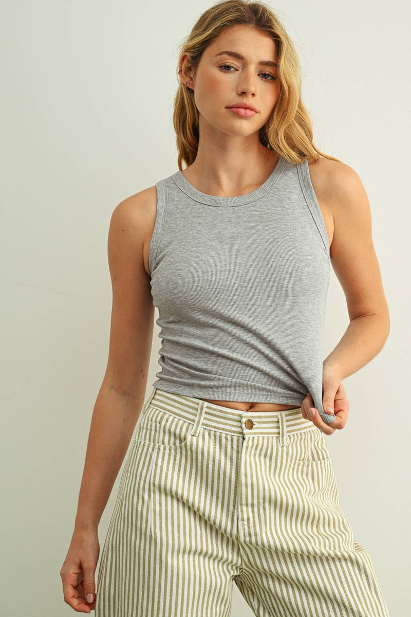 Sleeveless Ribbed Tank with Bra Pad - Grey