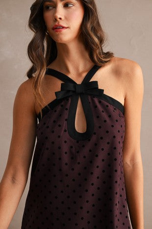 Contrast Trim Bow Polka Dot Mini Dress - Eggplant