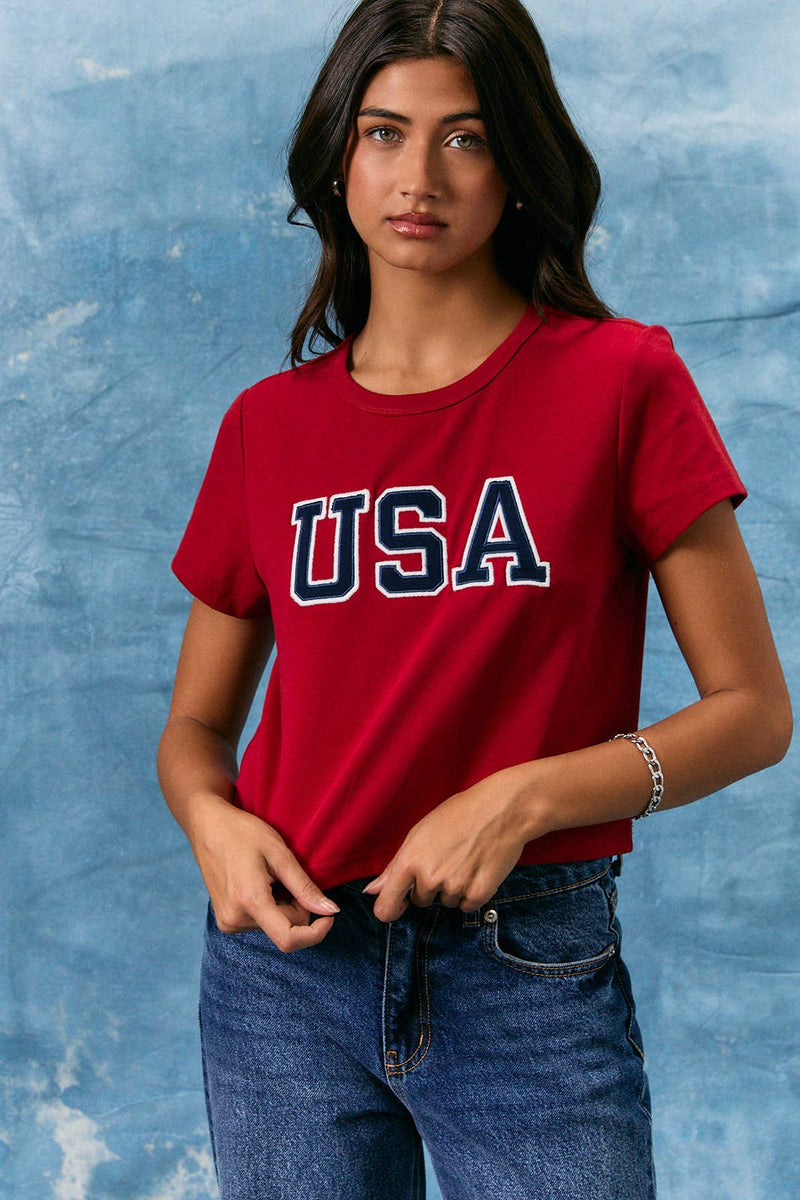 USA Short Sleeve Round Neck Tee - Red