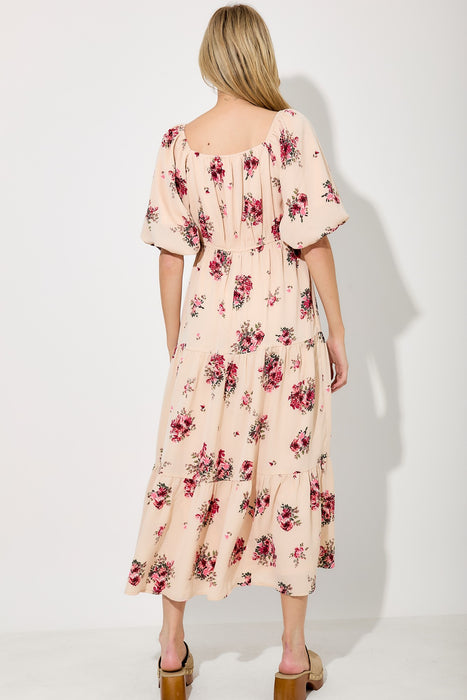 Floral Print Midi Dress - Beige