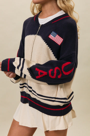 USA Flag Sweater Jacket - Navy & Cream