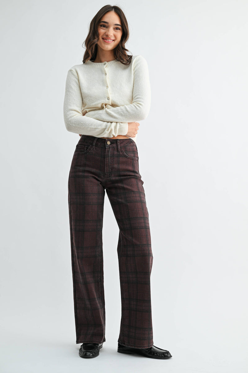 Just Black Denim • High Rise Full Length Straight Jeans - Dark Burgundy Plaid