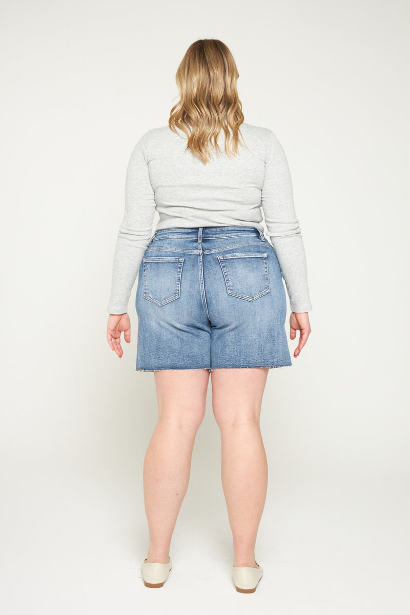 Mica • High Rise Raw Hem Shorts - Vintage Blue