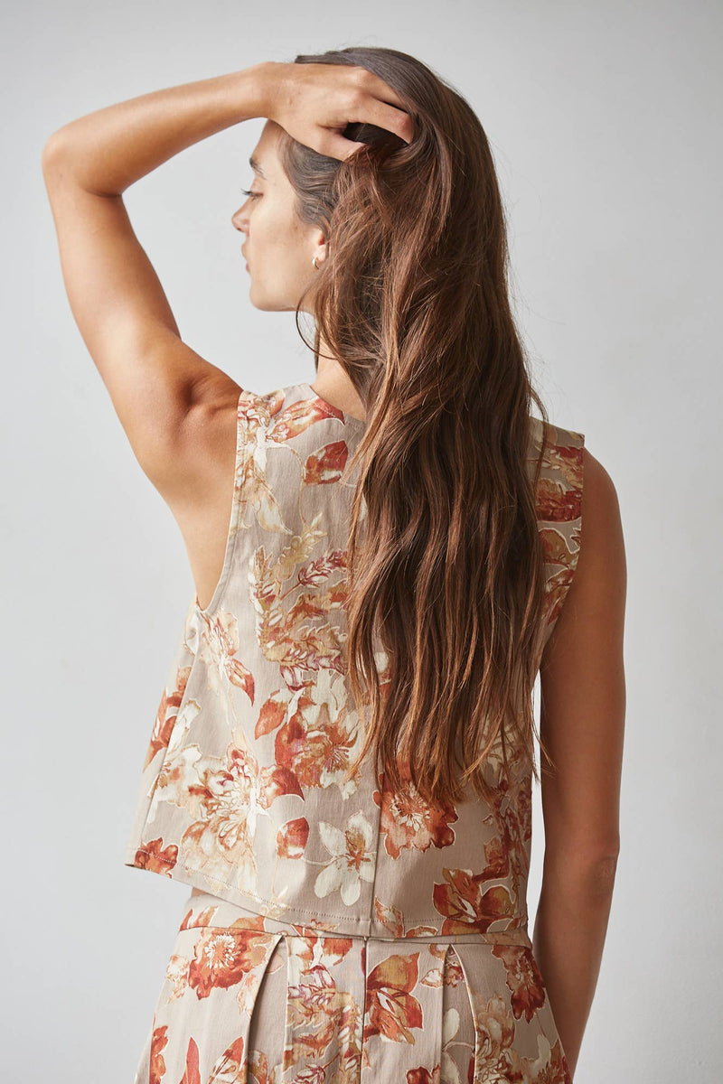 Floral Print Woven Tank - Taupe Rust