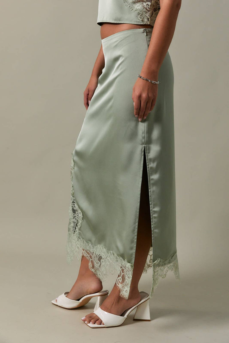 Lace Trim Satin Midi Skirt - Sage