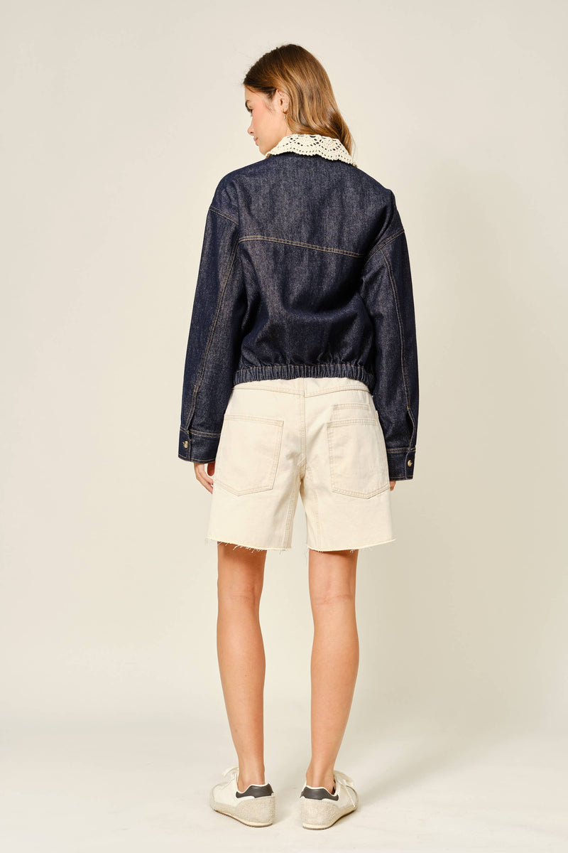 Crochet Collar Denim Jacket - Black Demin