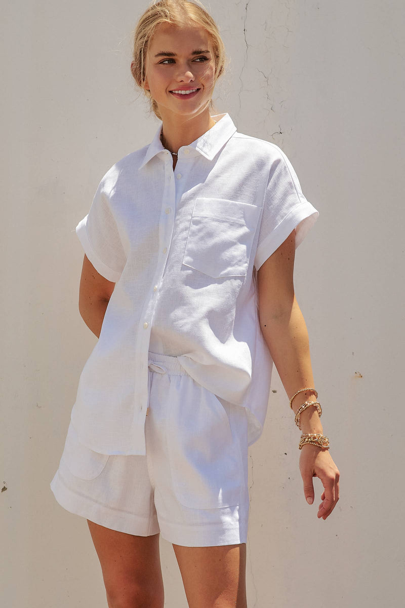 Linen Short Sleeve Button-Down Shirt - White