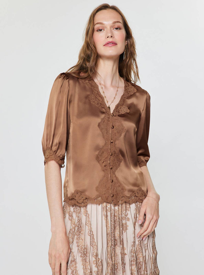 Lace Satin V-Neck Blouse - Mocha