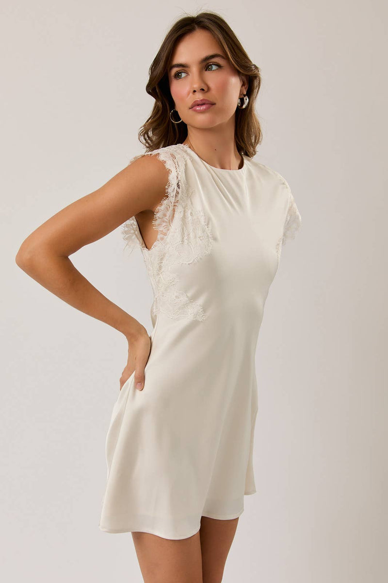 Sleeveless Satin & Lace Trim Dress - Cream