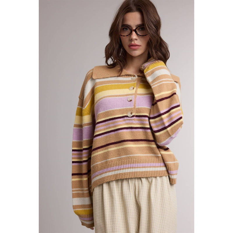 Collared Stripe Cardigan - Camel & Lavender