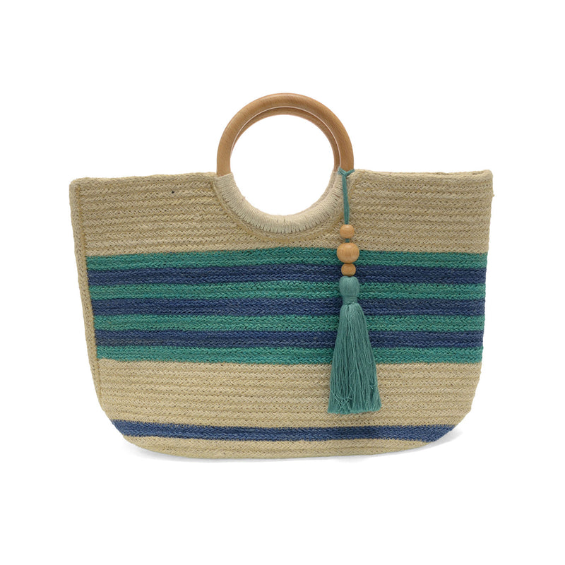 Striped Teagan Wood Handle Jute Tote W/ Tassel - Turq & Navy