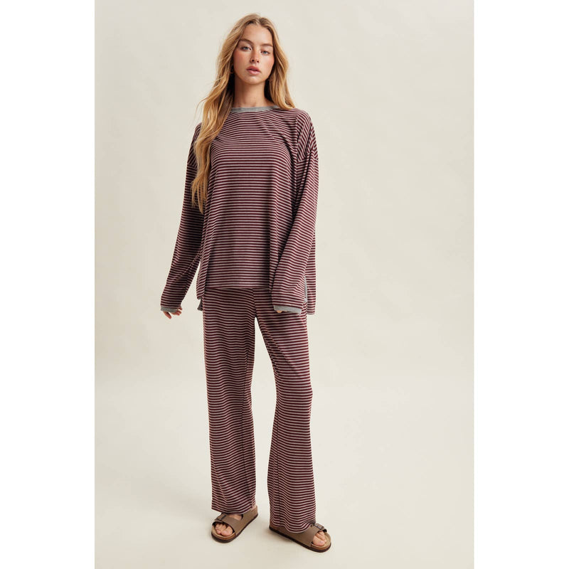 Striped Drawstring Knit Pants - Burgundy & Grey