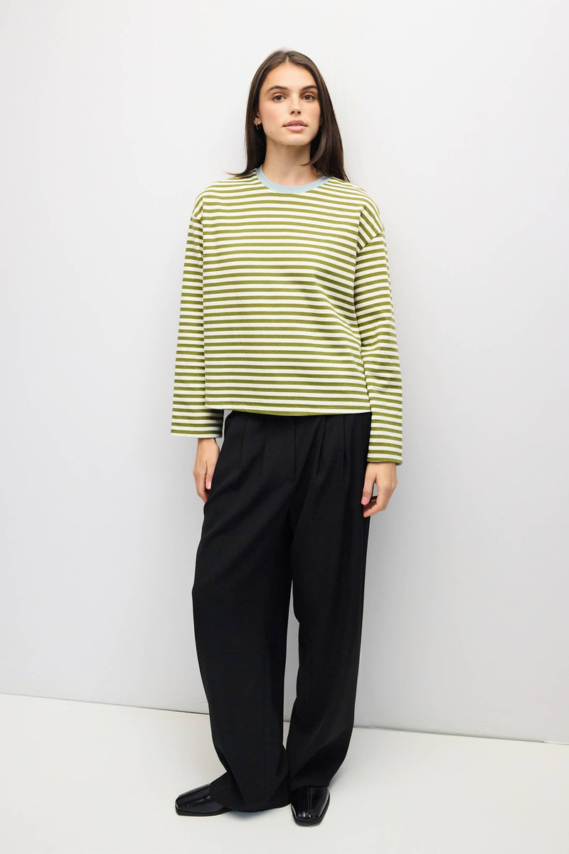 The Jessie Top | Striped Long Sleeve T-Shirt - Olive & Cream