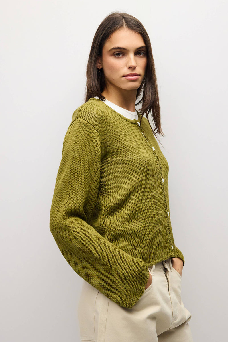 The Morgan Cardigan | Open Button Hole Long Sleeve Cardigan - Moss