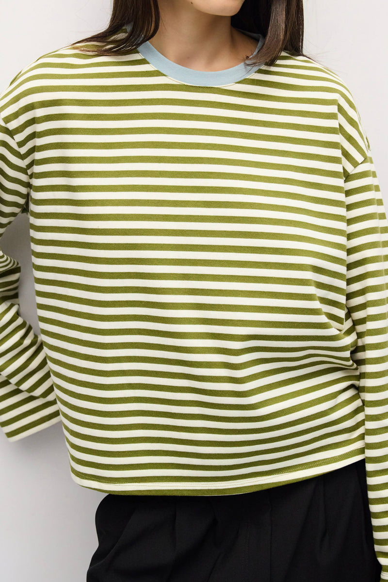 The Jessie Top | Striped Long Sleeve T-Shirt - Olive & Cream