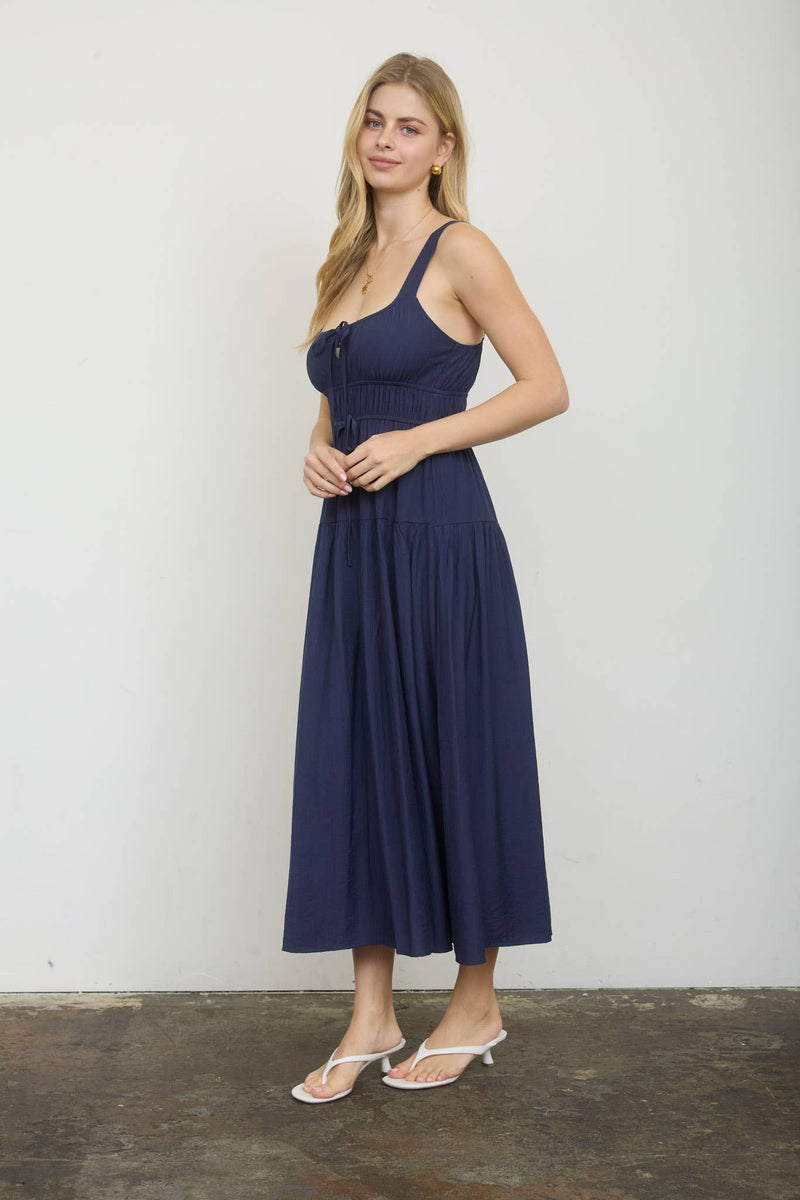 Front Tie Keyhole Midi Dress - Navy