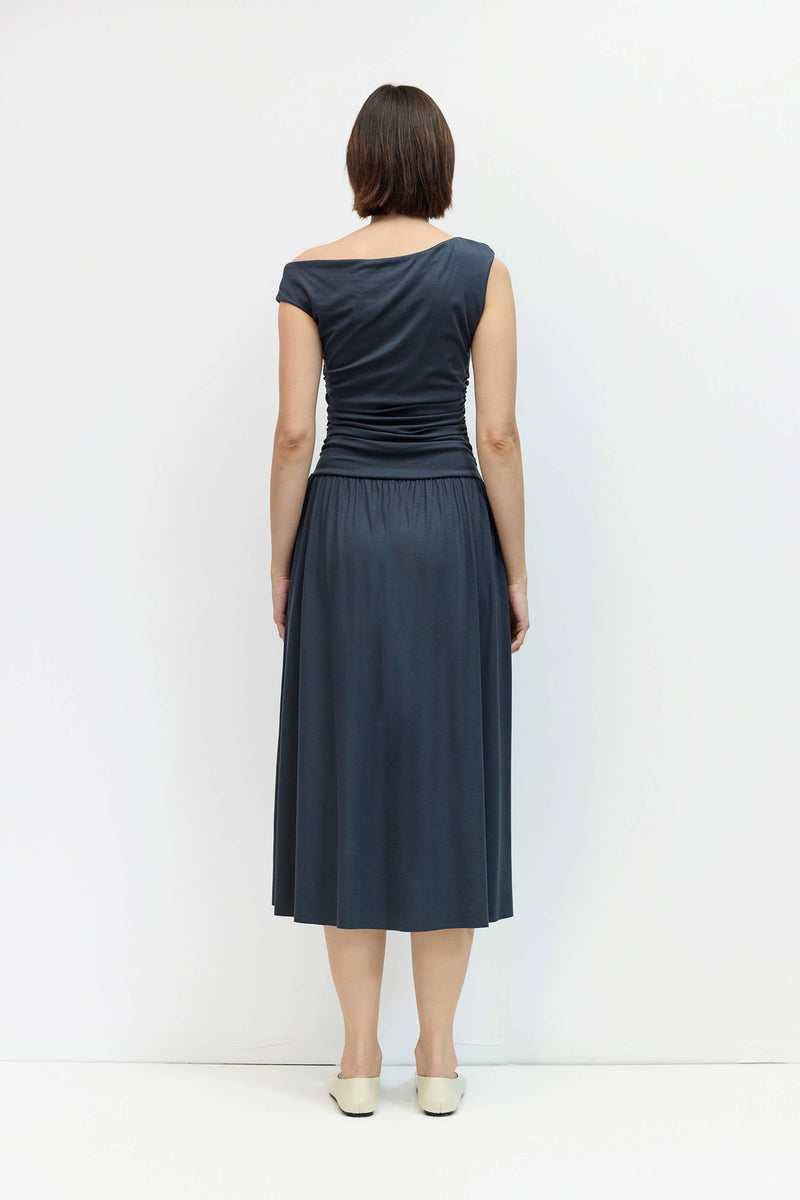 The Alaina Dress | Off the Shoulder Ruched Midi Dress - Navy
