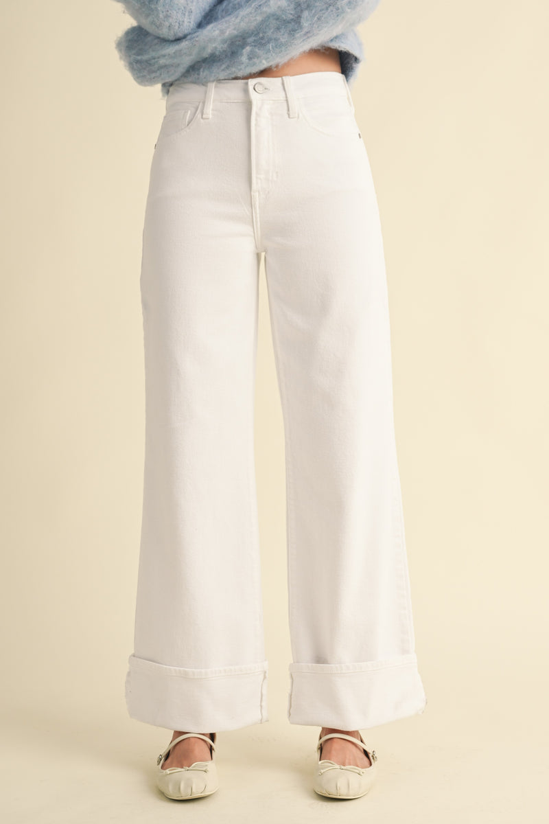 JBD Cuffed Palazzo Jeans - White