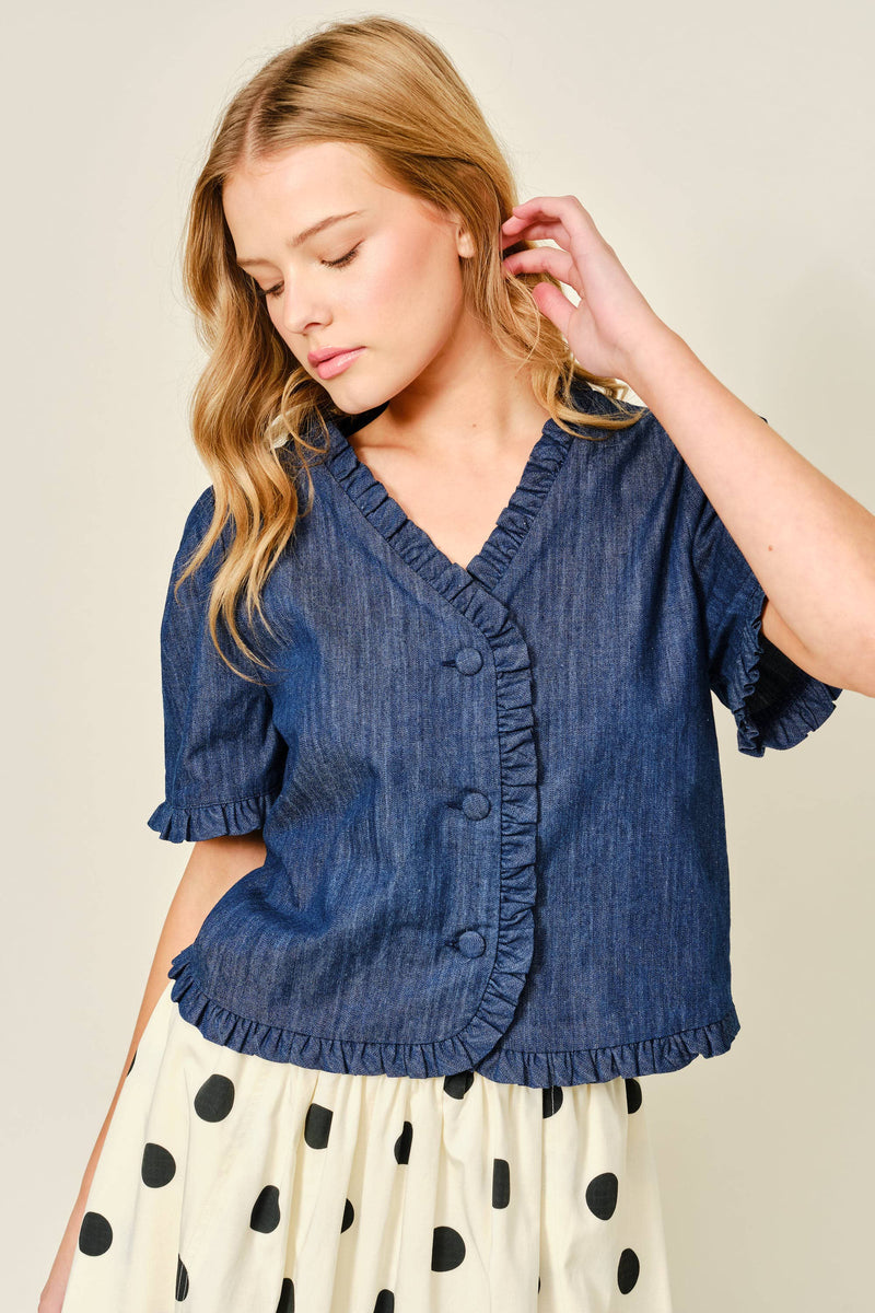 Ruffle Edge Denim Blouse