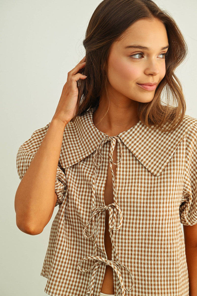Gingham Short Sleeve Top - Mocha