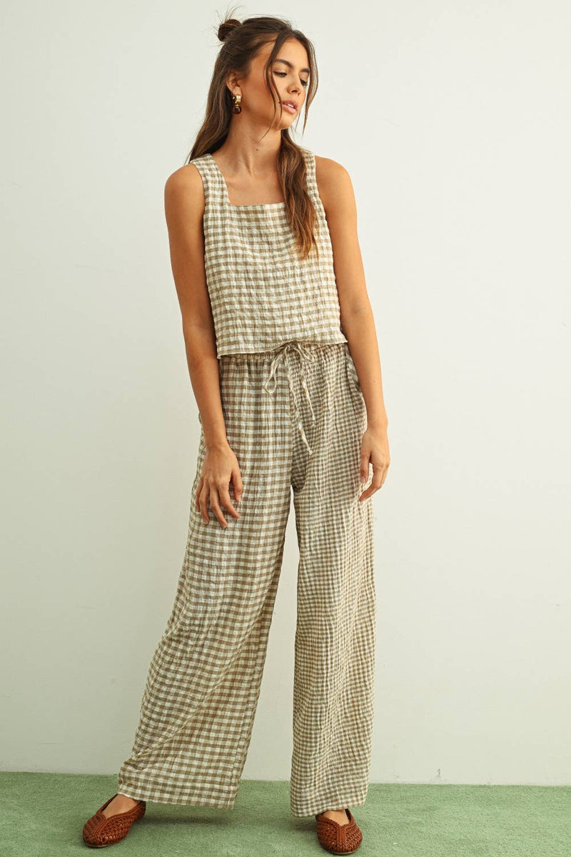 Gingham Square Neck Top - Tan & Cream