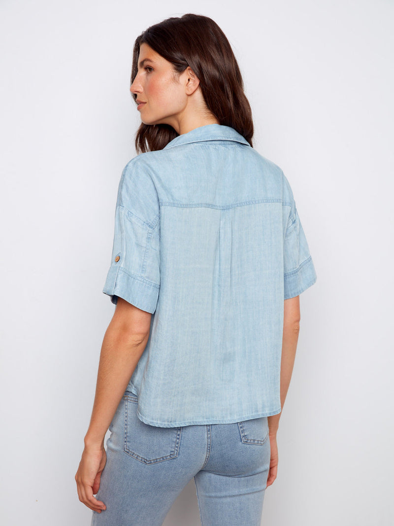 Charlie B • Short Sleeve Button-Front Tencel Blouse W/ Patch Pockets - Light Blue