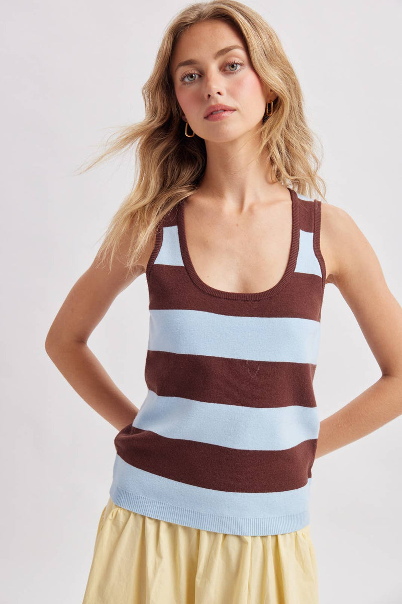 Striped Knit Tank - Sky Blue & Choco