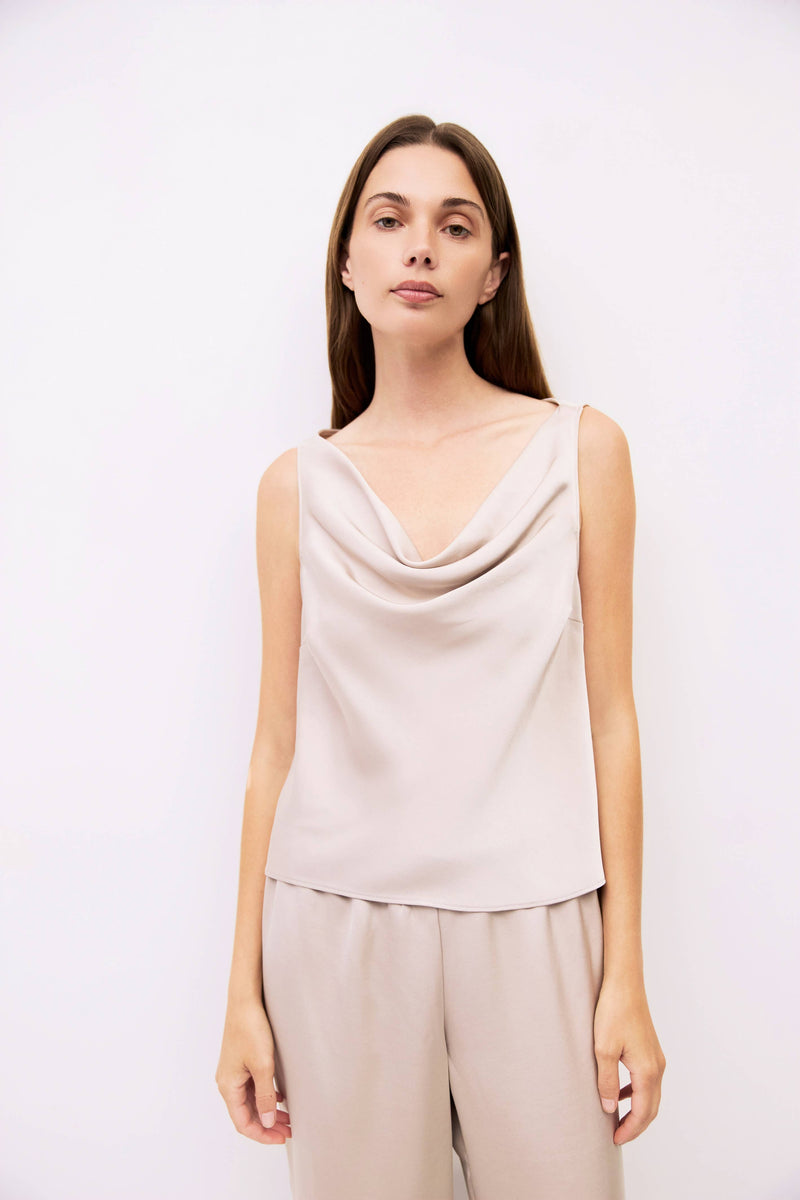 The Denver Top | Crushed Satin Cowl Neck Top - Taupe
