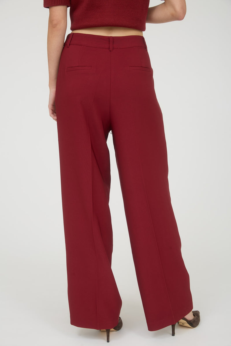 High Waist Pleated Wide Leg Dress Pants Burgundy